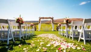 Elegant setup of Clarksburg wedding venues featuring floral decorations and rolling hills.