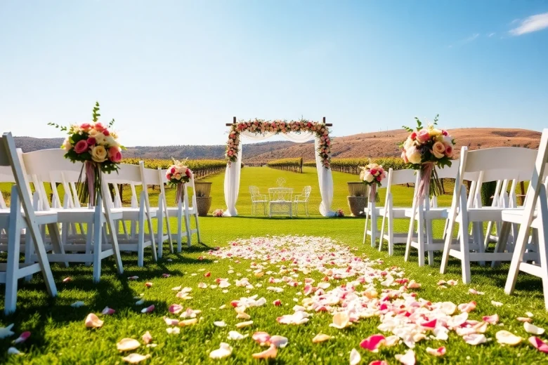 Elegant setup of Clarksburg wedding venues featuring floral decorations and rolling hills.