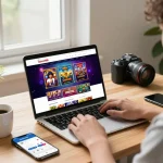 Pelanggan menjelajahi situs web laoban188 untuk permainan slot online di ruang kerja yang nyaman.
