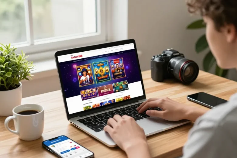 Pelanggan menjelajahi situs web laoban188 untuk permainan slot online di ruang kerja yang nyaman.