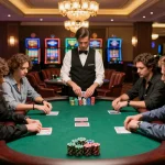 Players engaging in a high-stakes poker game at BL555 casino, showcasing strategic gameplay and vibrant chips.