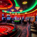 Experience high-stakes gaming at 98win with a vibrant casino atmosphere showcasing roulette and slot machines.