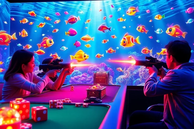 Bắn cá đổi thưởng gameplay action with colorful fish and vibrant casino elements