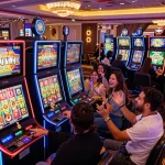 SLOT6000 players enjoying the excitement of colorful slot machines in a vibrant casino atmosphere