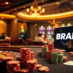 BRABET features an exciting poker table surrounded by vibrant gambling elements in a luxurious casino atmosphere.