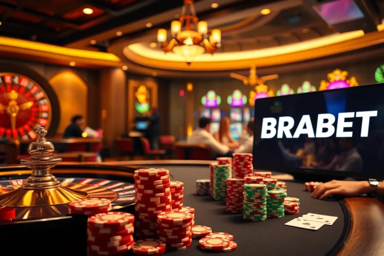 BRABET features an exciting poker table surrounded by vibrant gambling elements in a luxurious casino atmosphere.