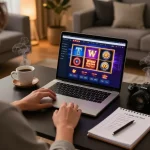3Win player focusing on intense online poker game with cozy ambiance and betting notepad.