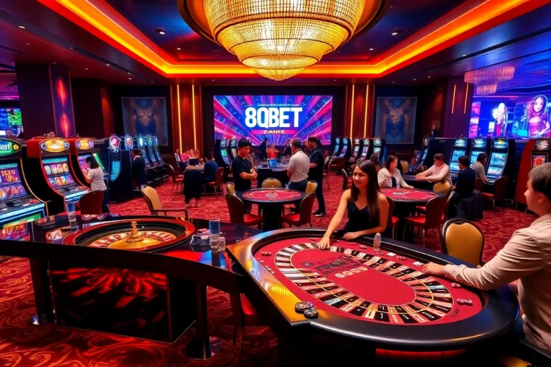 Exciting gambling moment at 8qbet casino with vibrant tables and players.