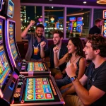Group of friends enjoying a thrilling session at a link slot machine in a lively casino atmosphere.