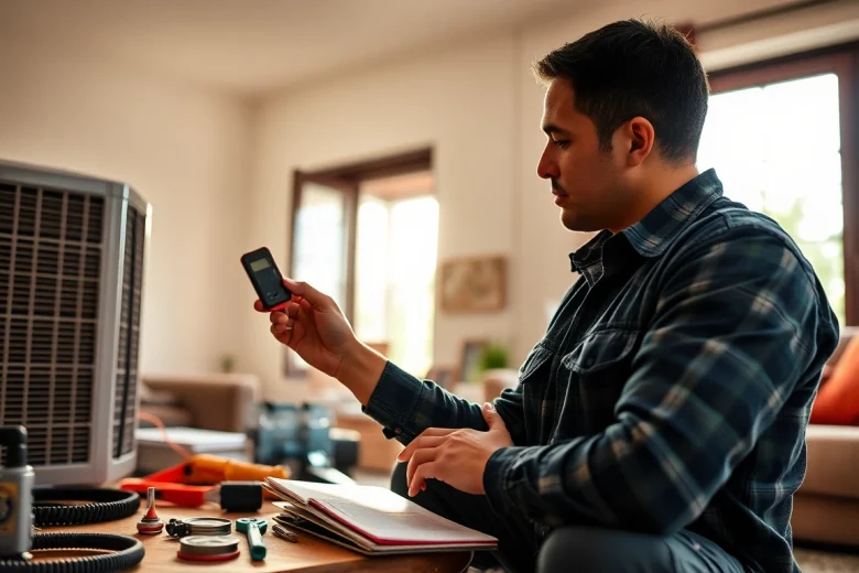 Expert air conditioning repair Canada service with a technician inspecting a unit indoors.