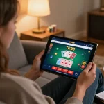 TG88 user engaging in online blackjack gameplay on a tablet, showcasing a cozy home gaming atmosphere.