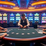 Engaging players at nhà cái u888 casino table, showcasing poker excitement and vibrant slot machines.