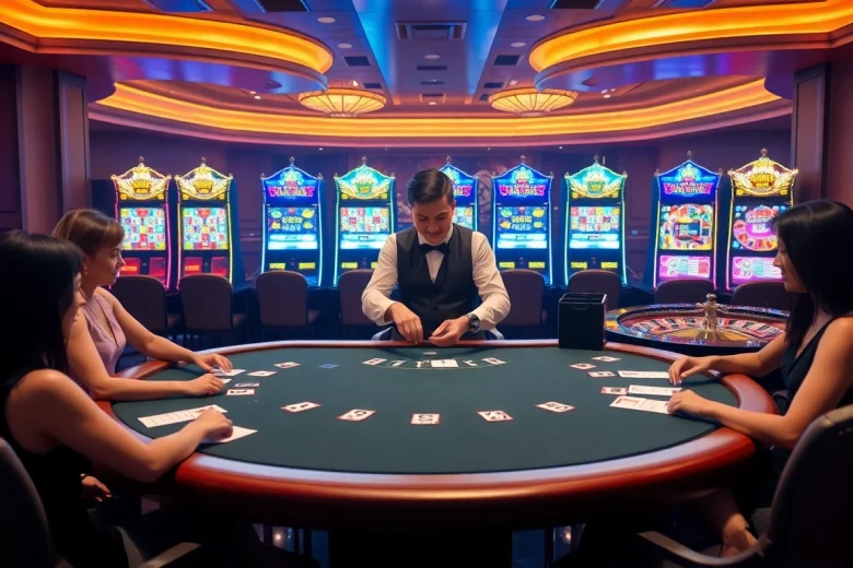 Engaging players at nhà cái u888 casino table, showcasing poker excitement and vibrant slot machines.