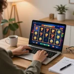 Player enjoying slot 777 games on a laptop in a stylish home setup, showcasing responsible online gaming