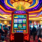 Permainan igamble247 slot yang menyenangkan dengan lampu berkilauan dan suasana kasino yang mewah.