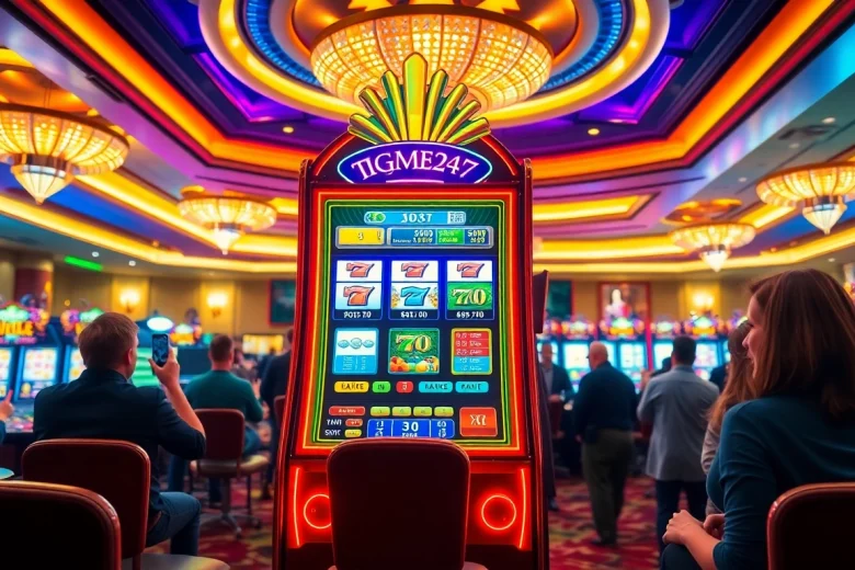 Permainan igamble247 slot yang menyenangkan dengan lampu berkilauan dan suasana kasino yang mewah.