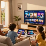 Genieten van familietijd met IPTV kopen streaming op een slimme TV in een gezellige woonkamer.