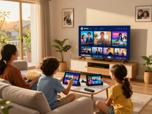 Genieten van familietijd met IPTV kopen streaming op een slimme TV in een gezellige woonkamer.