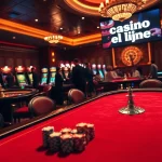 Scène de casino en ligne excitante avec une table de poker élégante et une atmosphère vibrante.