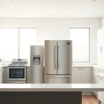 Showcase of home appliances in a modern kitchen, highlighting sleek design and functionality.