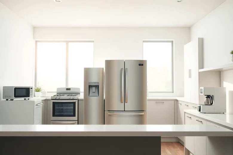 Showcase of home appliances in a modern kitchen, highlighting sleek design and functionality.