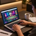 Nk88 player engaging in strategic gameplay with casino app on laptop, cozy atmosphere and notes.