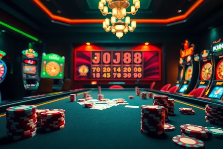 Experience the thrill of DH88 with luxury casino tables and vibrant gambling elements.