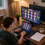 Pemain menikmati slot zeus di laptop dalam suasana rumah yang nyaman, dengan catatan strategi yang terlihat