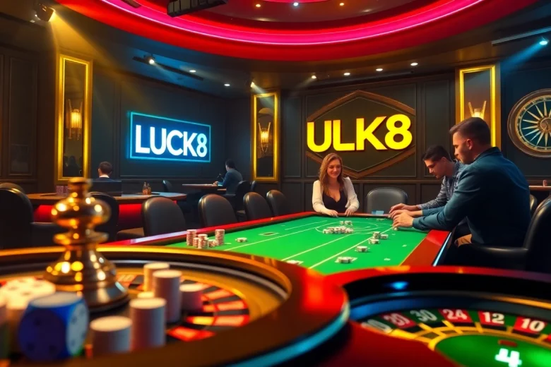 LUCK8 players immersed in an exciting poker game at a vibrant casino table.