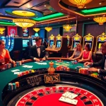 Découvrez l'excitation du casino en ligne avec des joueurs profitant d'une configuration luxueuse de roulette et de poker.