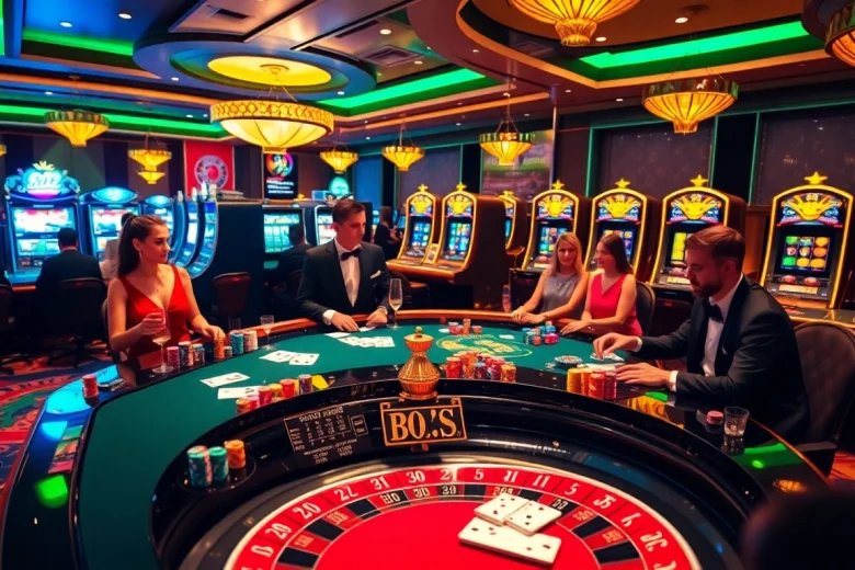 Découvrez l'excitation du casino en ligne avec des joueurs profitant d'une configuration luxueuse de roulette et de poker.
