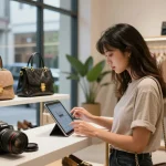 Browsing luxury 레플리카 products in a stylish e-commerce setting with elegant displays.