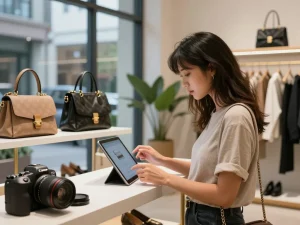 Browsing luxury 레플리카 products in a stylish e-commerce setting with elegant displays.