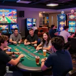 Exciting online gaming scene at ligasedayu with players at slot machines and blackjack tables in a vibrant casino atmosphere.