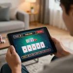 Engaging in an online casino game with Sun Win, showcasing poker cards and tablet action.