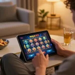 Engaging with the naga303 slot on a tablet in a cozy, strategic gaming setup at home.