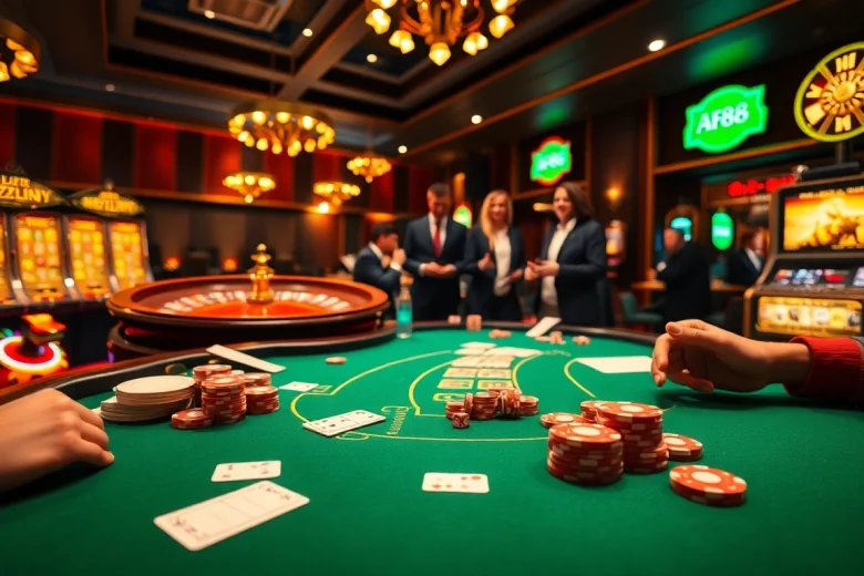 Players enjoying a vibrant poker game at AF88 casino, showcasing excitement and luxury.