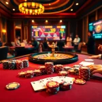 Ressentez l'excitation du casino en ligne avec une table de poker animée et une roulette élégante.