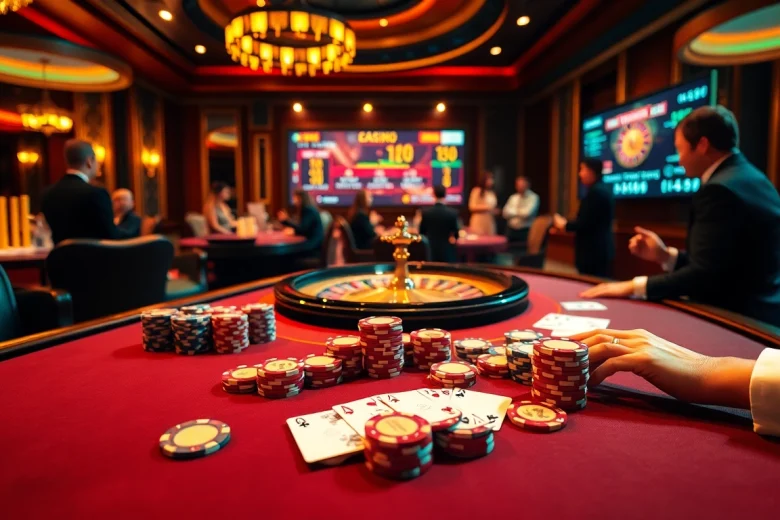 Ressentez l'excitation du casino en ligne avec une table de poker animée et une roulette élégante.