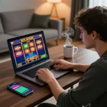 Engaged player enjoying slot bet kecil online game on laptop in cozy environment.