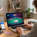 Experience online poker action at https://dola88vn.com/ with a focused player using a laptop, showcasing a vibrant poker interface.