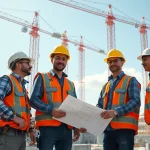 Construction association collaboration on a bustling project site with vibrant energy.