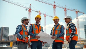 Construction association collaboration on a bustling project site with vibrant energy.