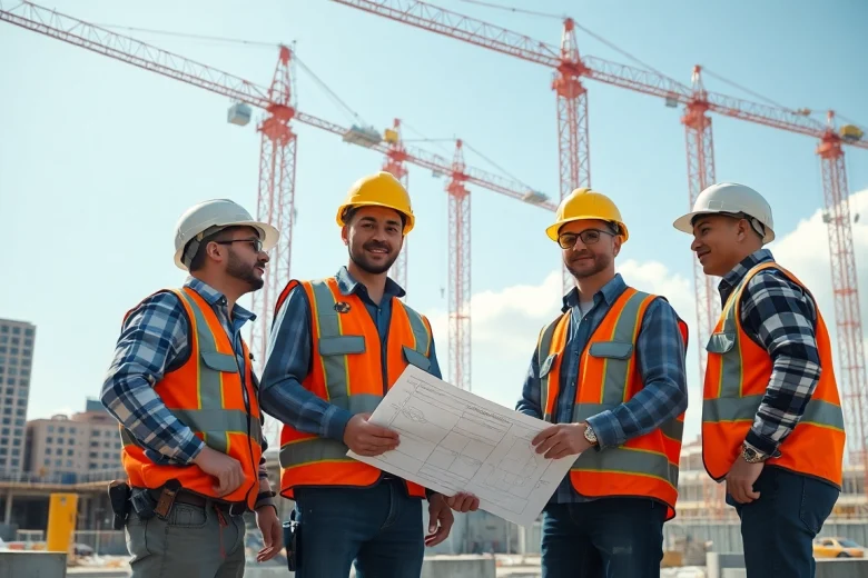 Construction association collaboration on a bustling project site with vibrant energy.