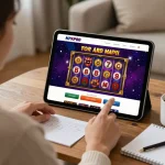 Engaged user enjoying online slots on KP88 tablet in a cozy home setting.