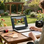 Homeowner using pergola configurator software on a laptop in a lush garden, surrounded by design tools.