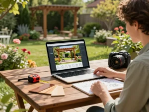 Homeowner using pergola configurator software on a laptop in a lush garden, surrounded by design tools.