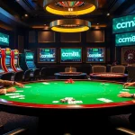 Players experience high-stakes poker at cm88, surrounded by vibrant casino elements.