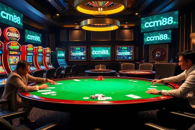 Players experience high-stakes poker at cm88, surrounded by vibrant casino elements.