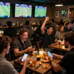 Betting excitement in a lively sports bar with TG88 patrons engaged in real-time sports betting.